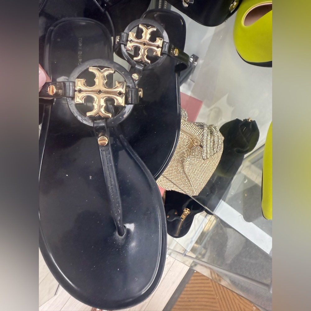 Tory Burch Black Jelly Thong Sandal with Gold Logo
